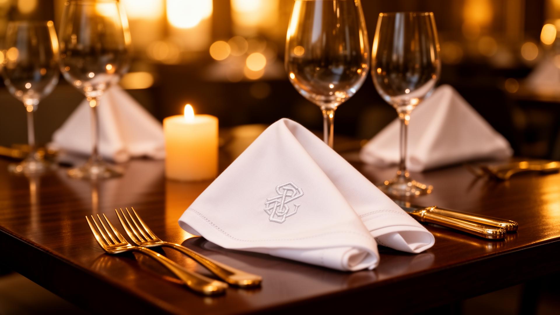 Luxury restaurant dining setup with branded cloth napkins